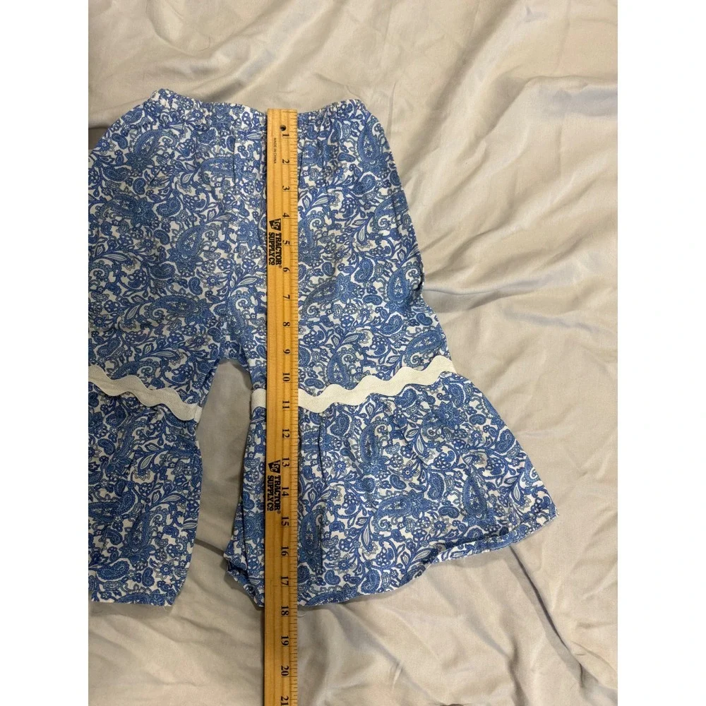Kids‎ Blue White Paisley Bell Bottom Pants Rickrack Trim Flare Boho Retro